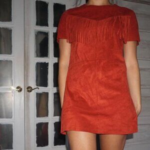 Faux Suede Fringed Cowboy Short Sleeve Red Orange Mini Dress